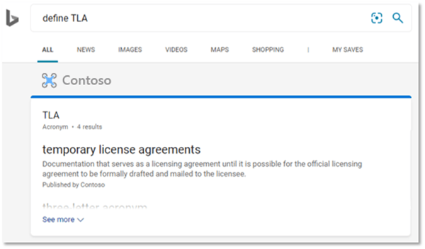 Screenshot of Microsoft Search Acronyms feature